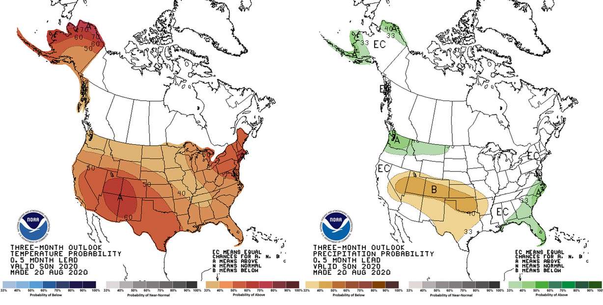 These maps show the probability for temperature (left) and precipitation (right) for the meteorological fall months of September, October and November 2020. It shows Utah has a 50-60% chance of above average temperatures during the fall months and 33-40% chance of below-average precipitation.