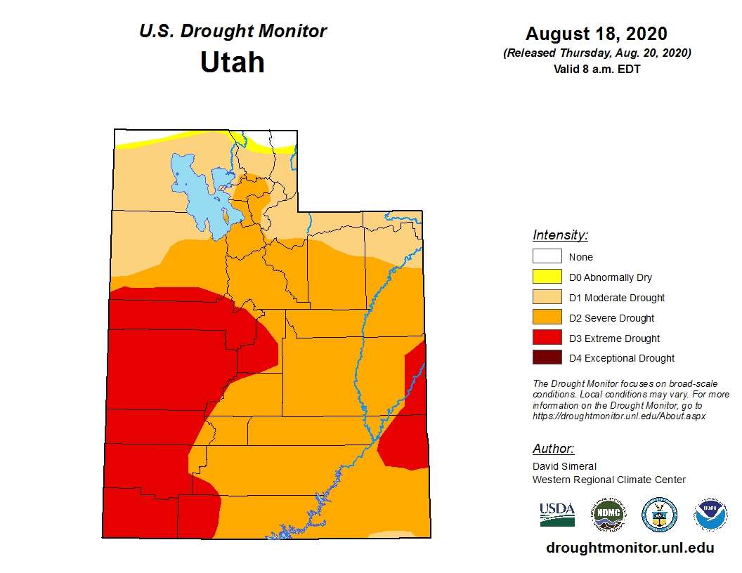 This map, created by the U.S. Drought Monitor, shows Utah drought conditions as of Aug. 18, 2020. Nearly 30% of the state has now moved into the "exceptional drought" category while at least 98% of the state is in at least a moderate drought.