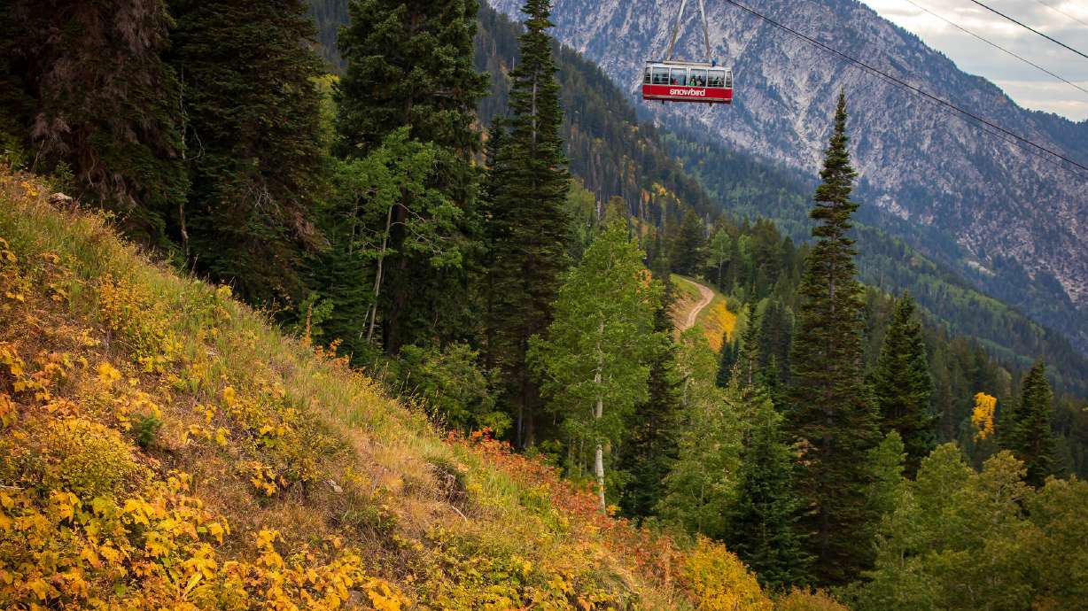 A tram moves up the mountain at Snowbird Resort on Sept. 27, 2019.
