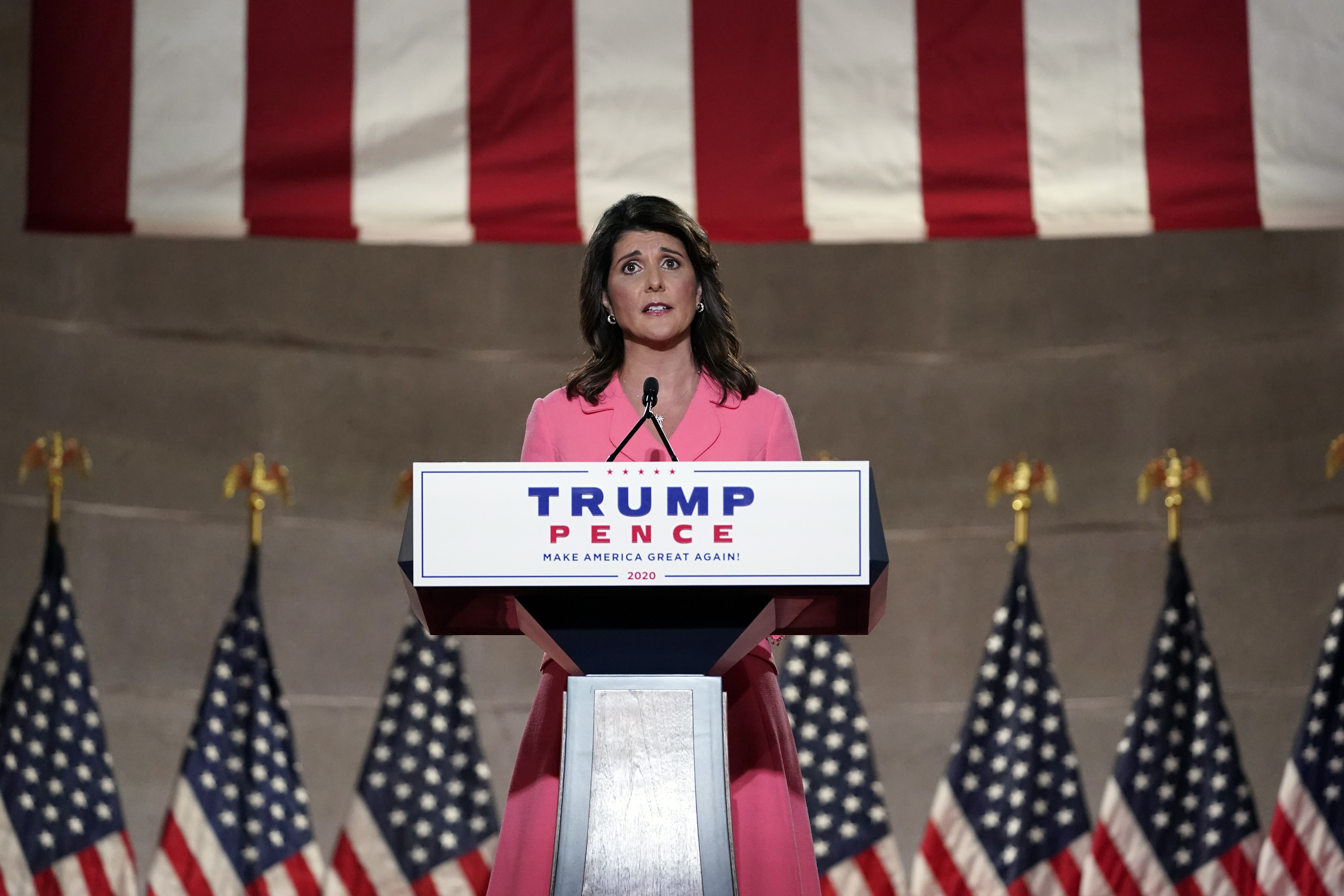 Former U.N. Ambassador Nikki Haley speaks during the Republican National Convention from the Andrew W. Mellon Auditorium in Washington, Monday, Aug. 24, 2020.