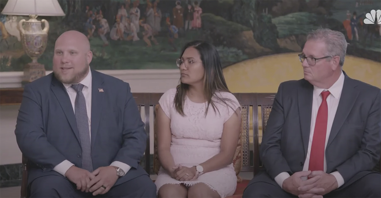 During the opening night of the Republican National Convention in Washington, D.C., President Donald Trump spoke with six former American hostages including Josh Holt and his wife Monday, Aug. 24, 2020.