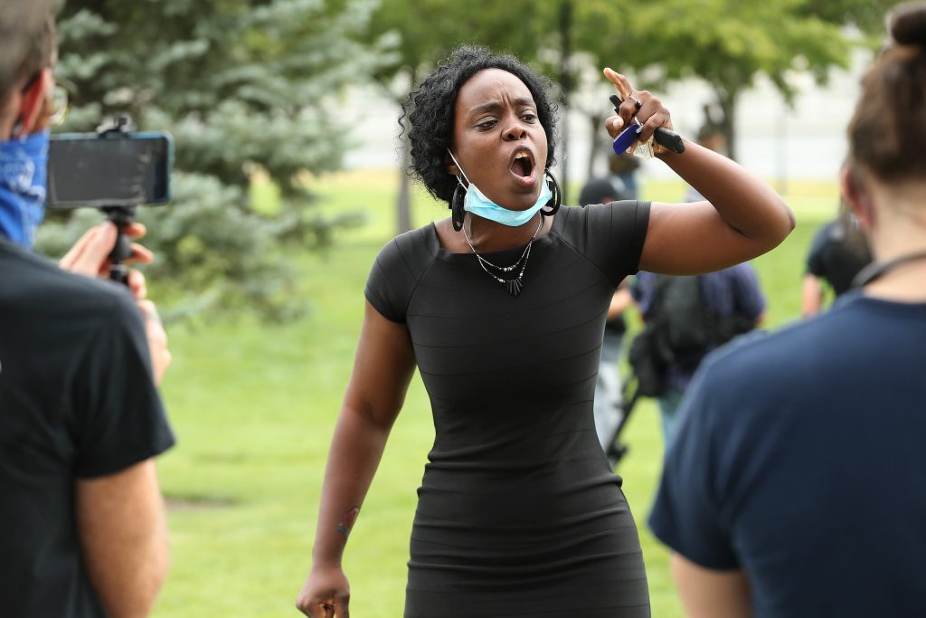 Josianne Petit clashes with members of Utah Citizens’ Alarm on July 22, 2020.