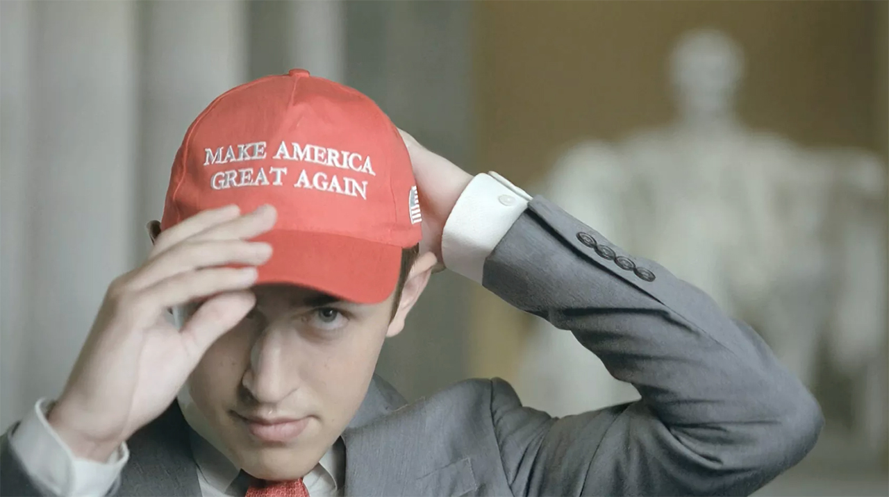 In this image from video, Nicholas Sandmann wears a ‘Make America Great Again’ hat as speaks from Washington, during the second night of the Republican National Convention on Tuesday, Aug. 25, 2020. AP