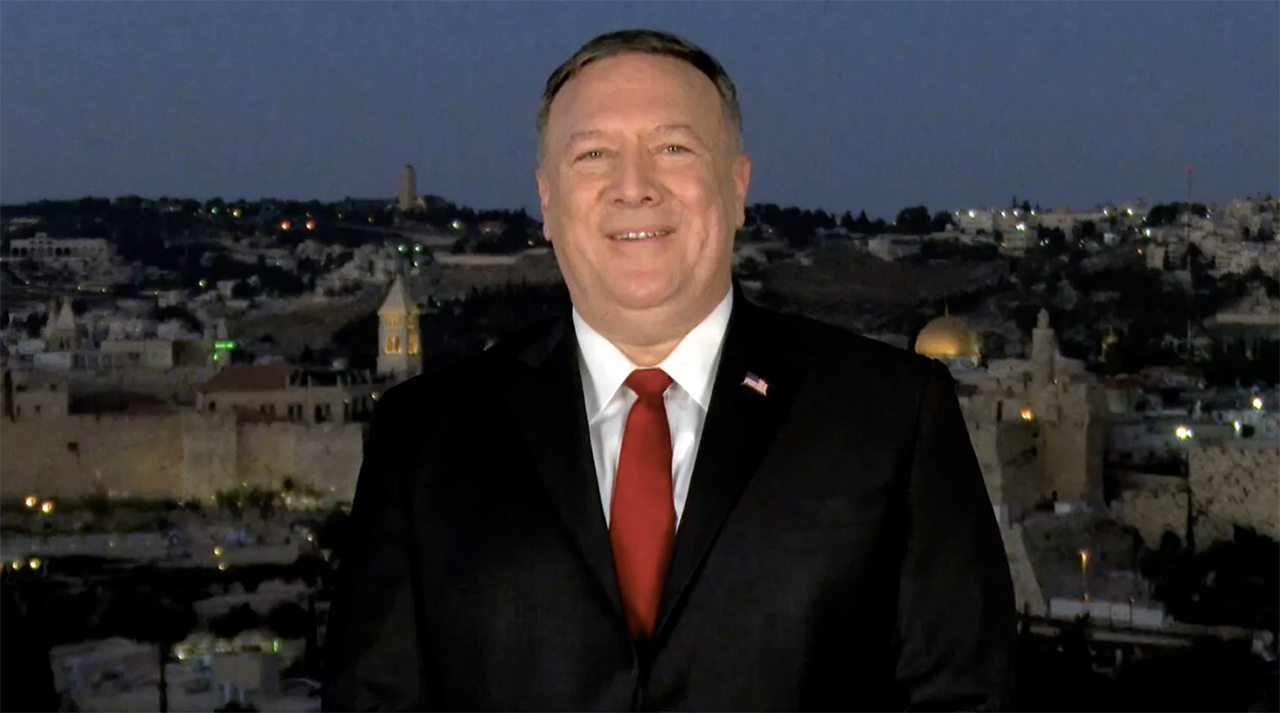 In this image from video, Secretary of State Mike Pompeo speaks from Jerusalem during the second night of the Republican National Convention on Tuesday, Aug. 25, 2020. AP