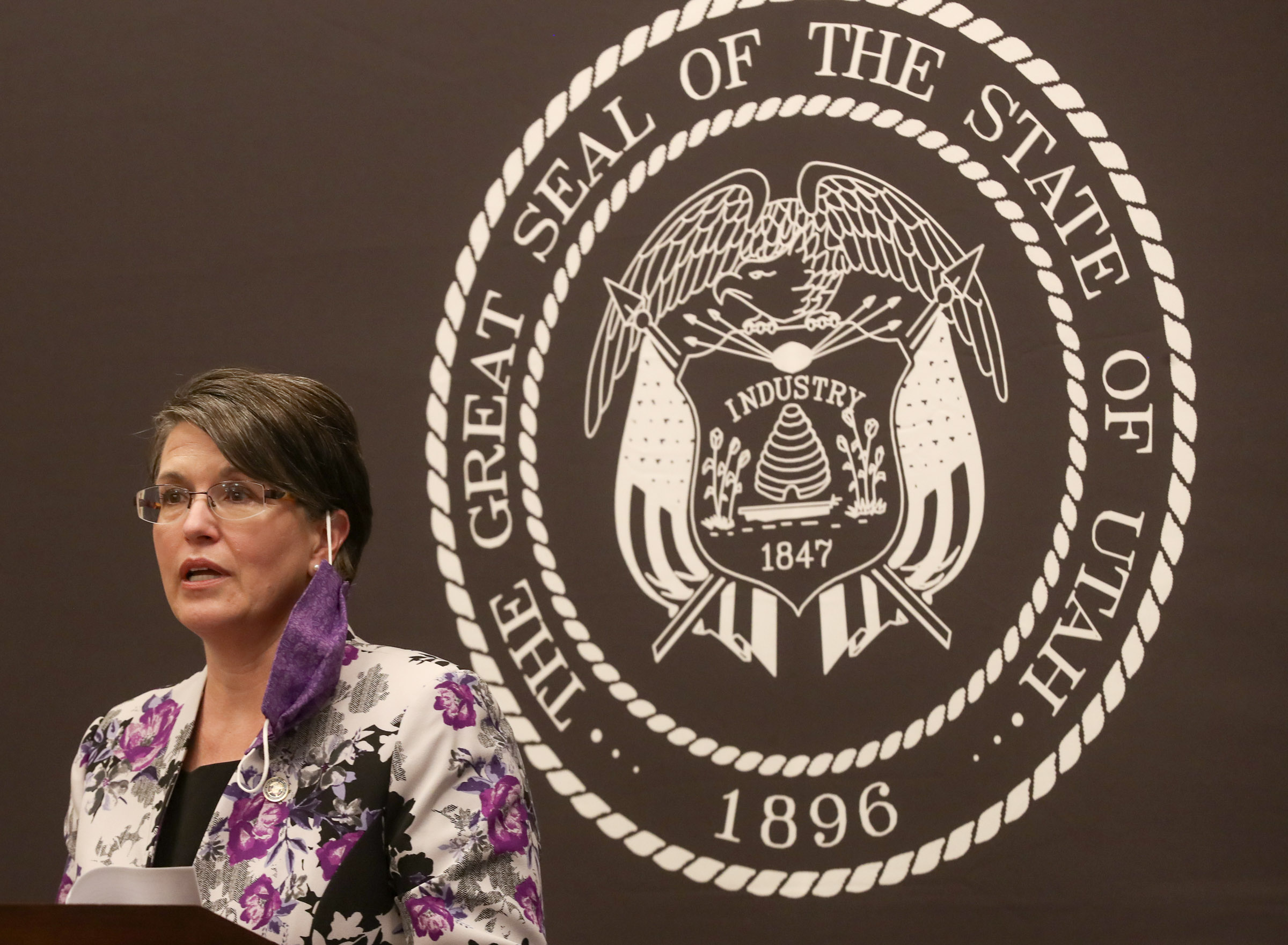 Tami Pyfer, education adviser to Gov. Gary Herbert, speaks during a COVID-19 briefing at the Capitol in Salt Lake City on Wednesday, Aug. 26, 2020.