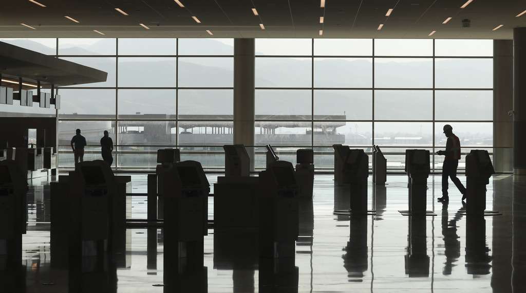 Ticket kiosks are pictured inside the new Salt Lake City International Airport on Thursday, Aug. 27, 2020. The Salt Lake City Department of Airports is unveiling the large-scale art installations today and updating the public on construction progress 20 days prior to the Sept.15, 2020, opening.
