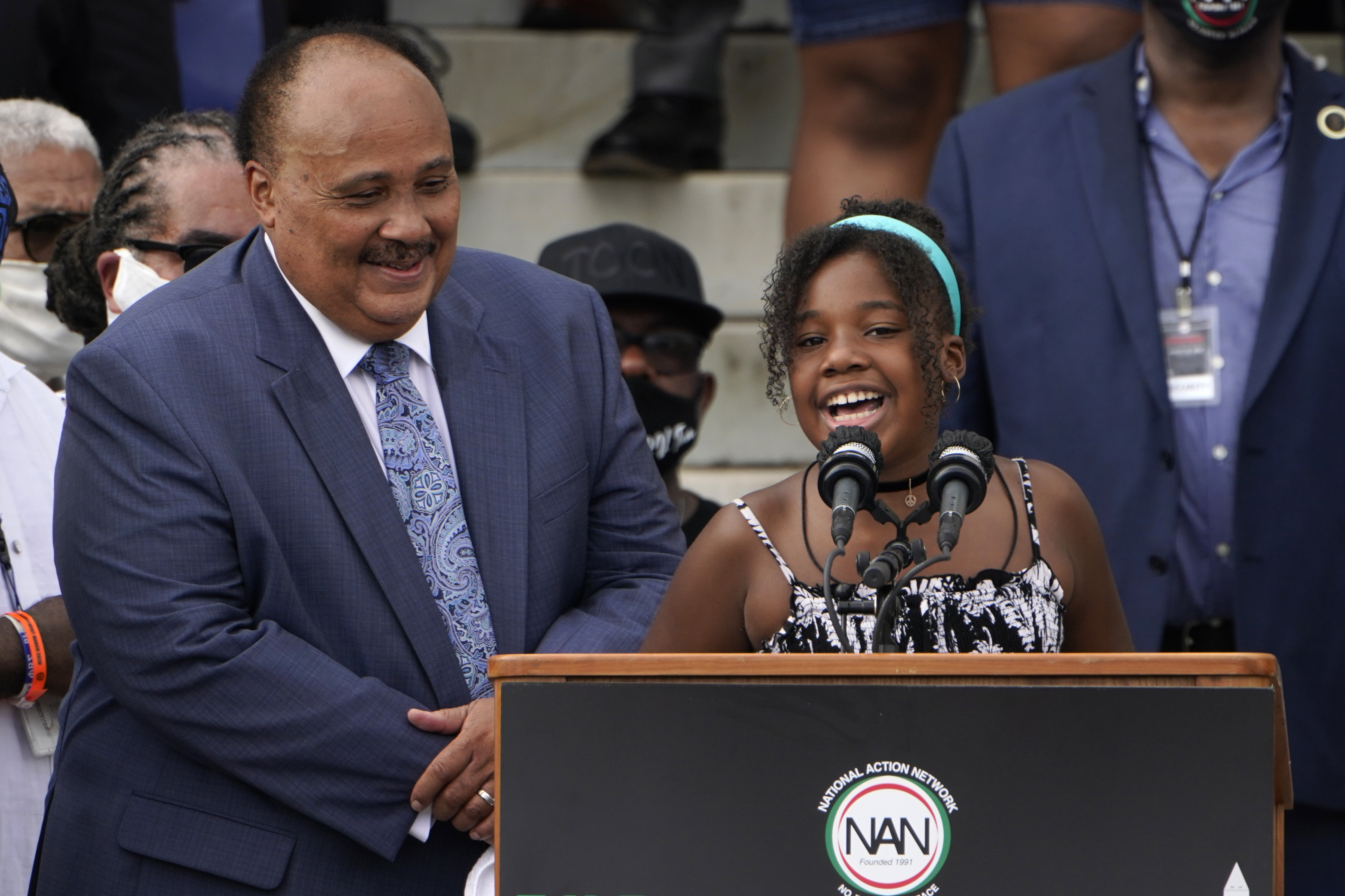 Yolanda Renee King, granddaughter of Martin Luther King Jr., speaks at the March on Washington, Friday Aug. 28, 2020, at the Lincoln Memorial in Washington. At left is her father Martin Luther King, III.