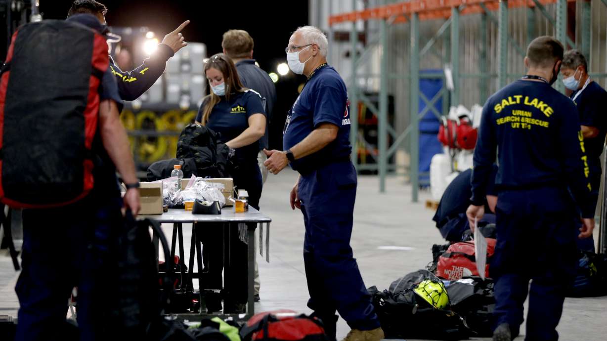Unified Fire Task Force One members prepare to deploy from West Jordan to Louisiana in response to Hurricane Laura on Wednesday, Aug. 26, 2020.