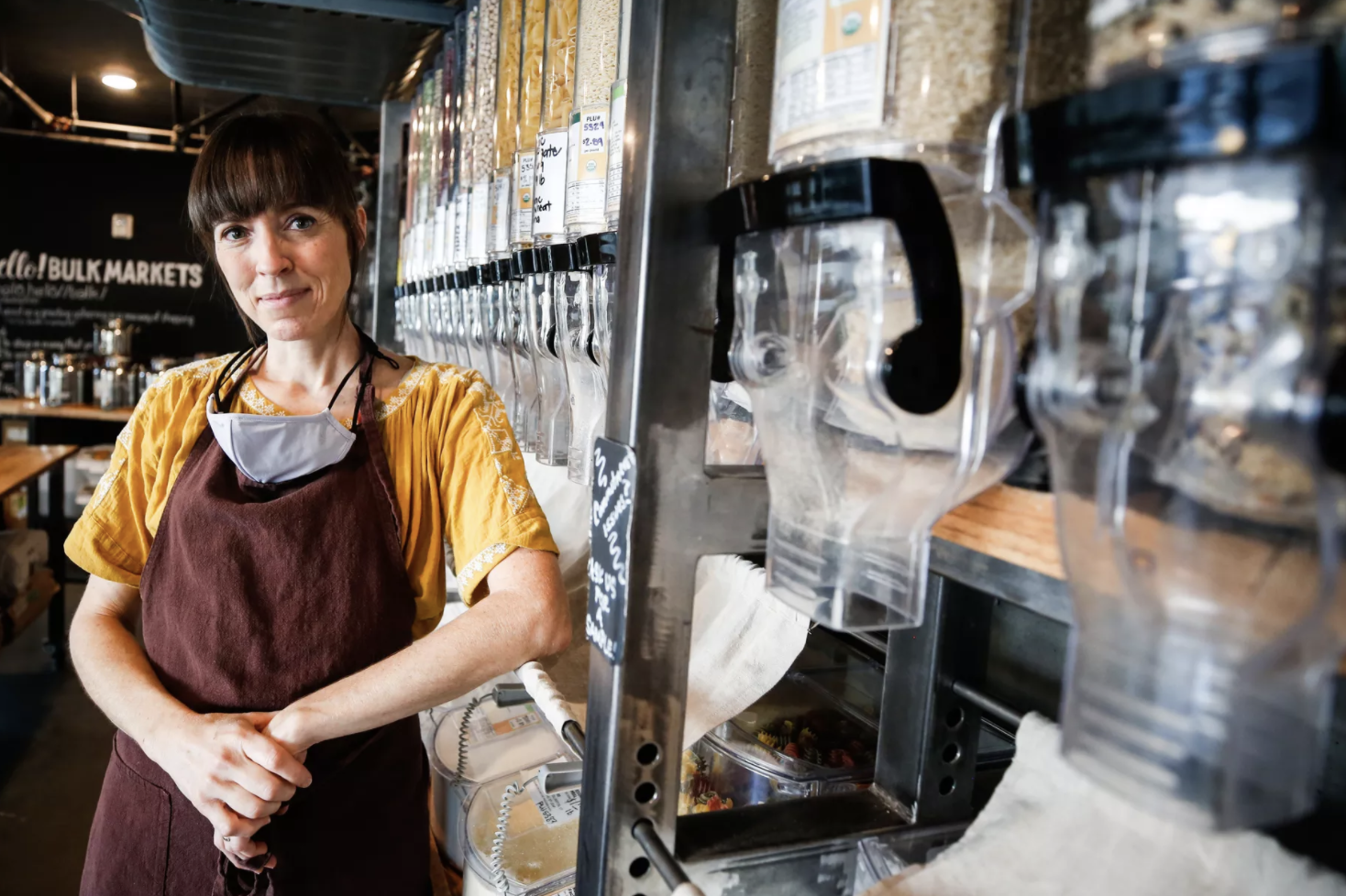 Jamaica Trinnaman, owner of Hello!Bulk Markets, poses for a portrait at the market in Salt Lake City on Monday, Aug. 24, 2020.
