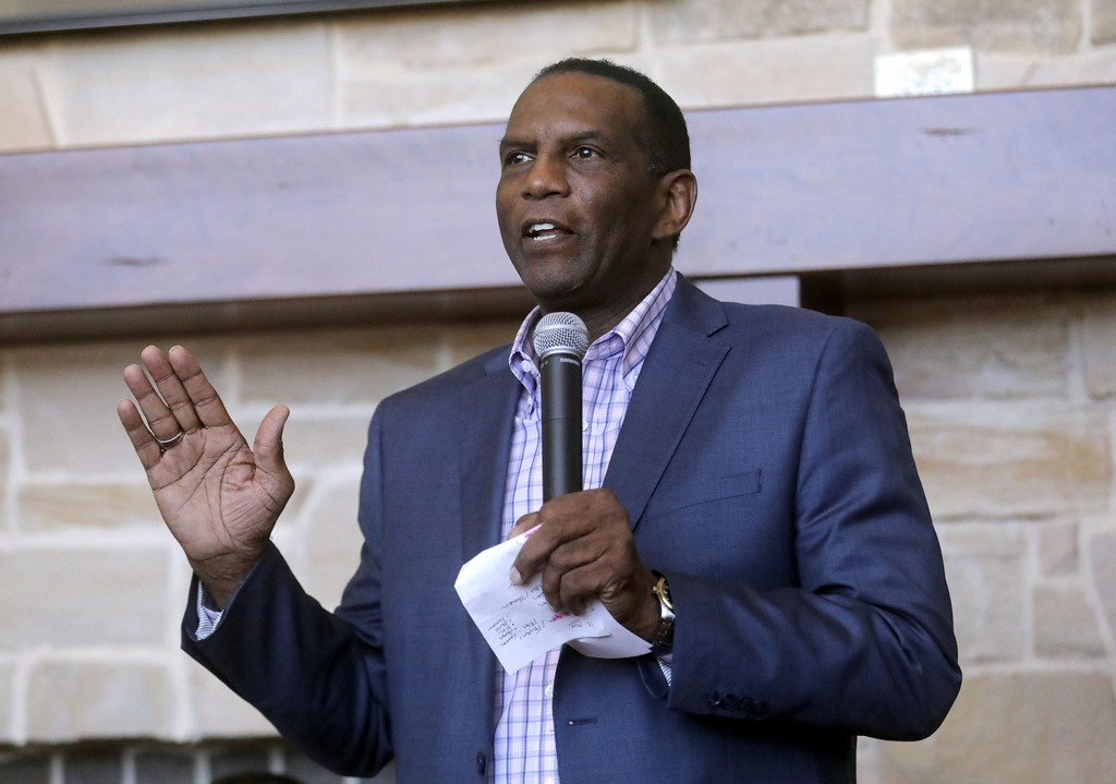 Republican Burgess Owens speaks during a campaign launch event at Hale Centre Theatre in Sandy on Wednesday, Nov. 6, 2019.
