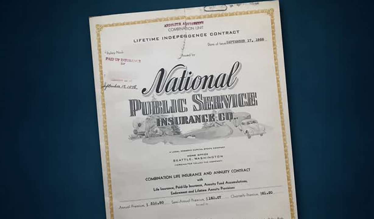 Vernetta Sonderegger purchased a whole life insurance policy from a Salt Lake City-based agent of the National Public Service Insurance Company in 1955 and passed away in 2019.