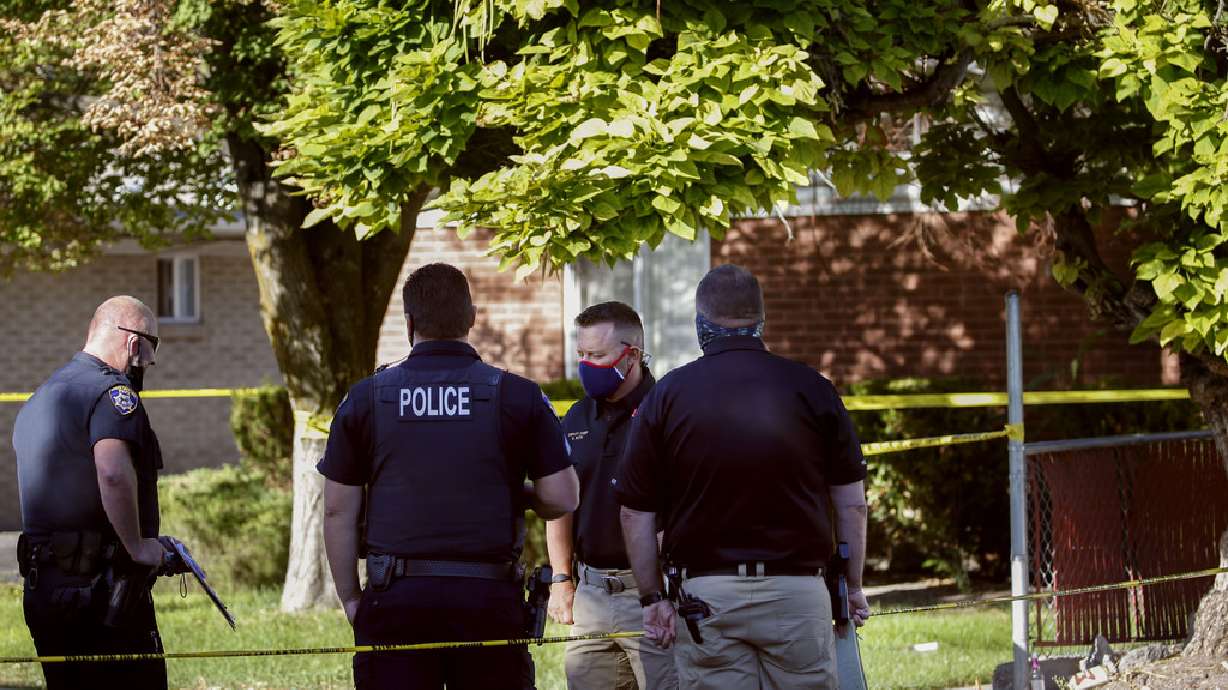 South Salt Lake police officers at the scene of a stabbing in South Salt Lake, Sept. 2, 2020. A 73-year-man was found guilty of the murder on Friday.
