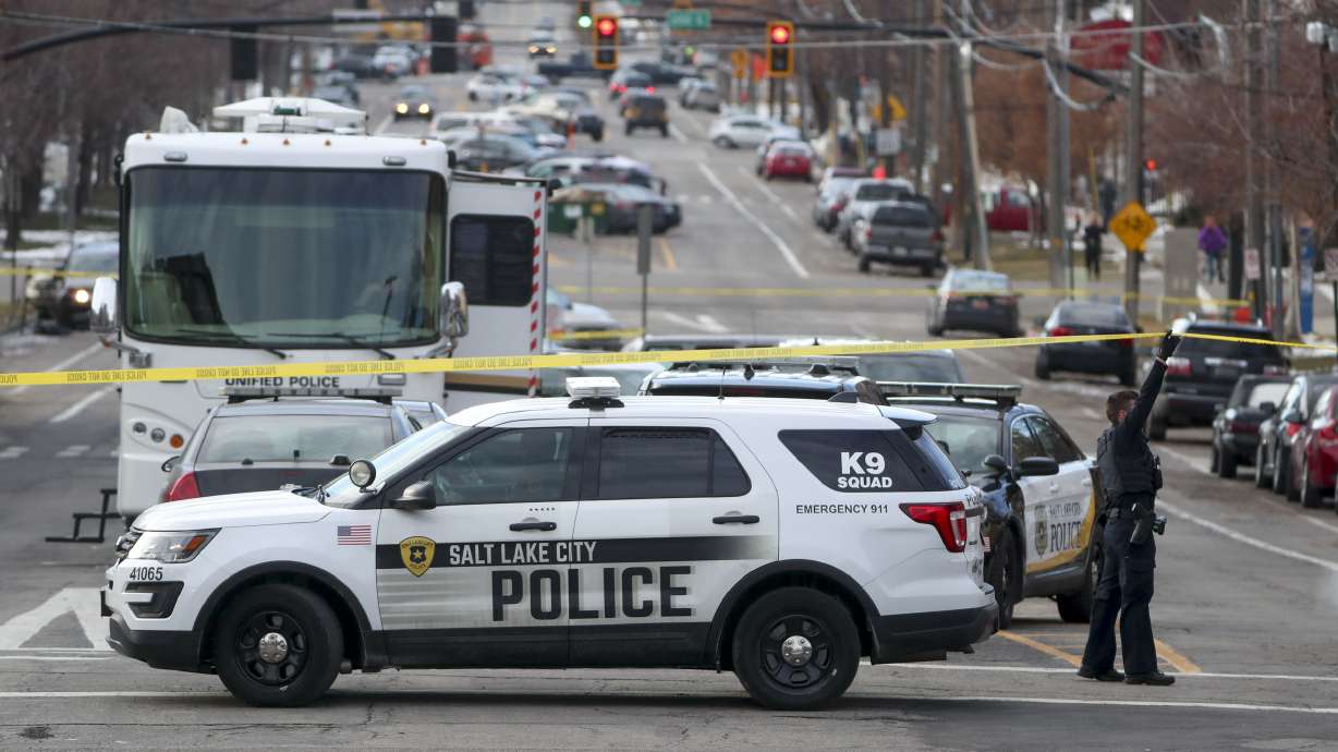 Police investigate an officer-involved shooting after responding to a downtown disturbance in Salt Lake City, on Monday, Feb. 10, 2020.