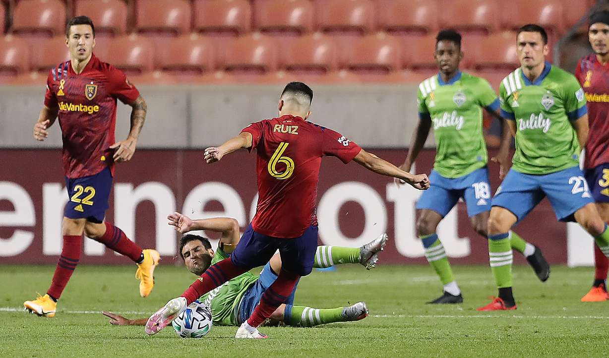 Real Salt Lake midfielder Pablo Ruiz (6) shoots and scores the game tying goal as Real Salt Lake and Seattle play an MLS soccer game at Rio Tinto Stadium in Sandy Utah on Wednesday, Sept. 2, 2020. The two teams played to a 2-2 draw.