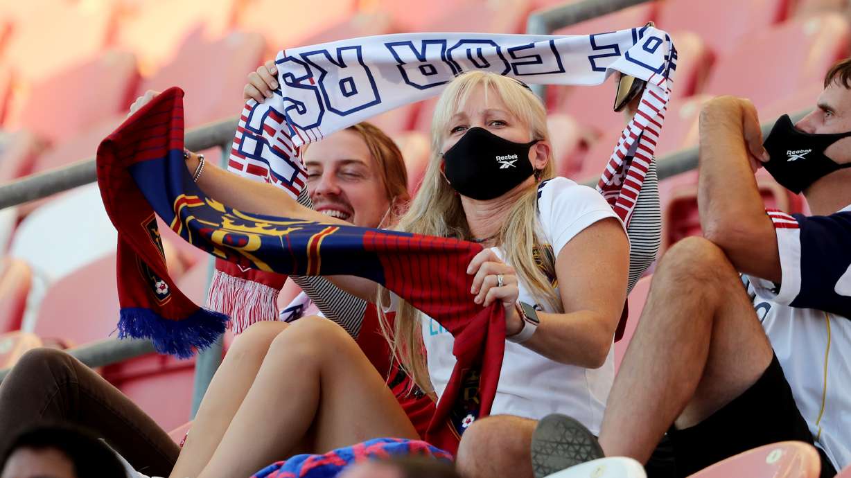 Fans enjoy themselves prior to Real Salt Lake and Seattle playing an MLS soccer game at Rio Tinto Stadium in Sandy Utah on Wednesday, Sept. 2, 2020.