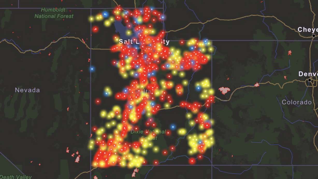 A screenshot of the 1,223 wildfires on the Utah Wildfire Dashboard on Wednesday, Sept. 2, 2020. Red dots represent human-caused fires, yellow represents natural-caused fires and blue represents fires with unknown cause at the time they were reported.