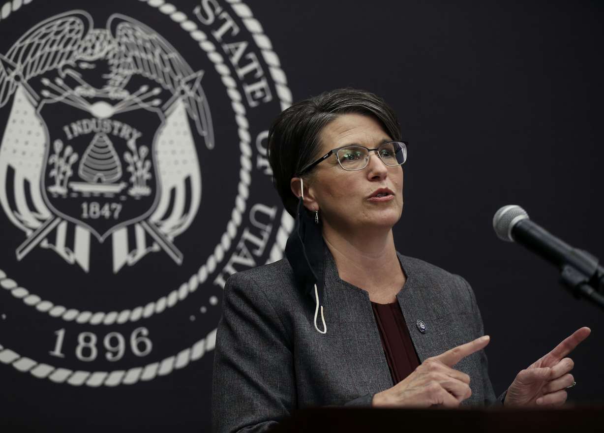 Tami Pyfer, Gov. Gary Herbert's education adviser, speaks at the COVID-19 briefing at the Capitol in Salt Lake City on Thursday, Sept. 3, 2020.