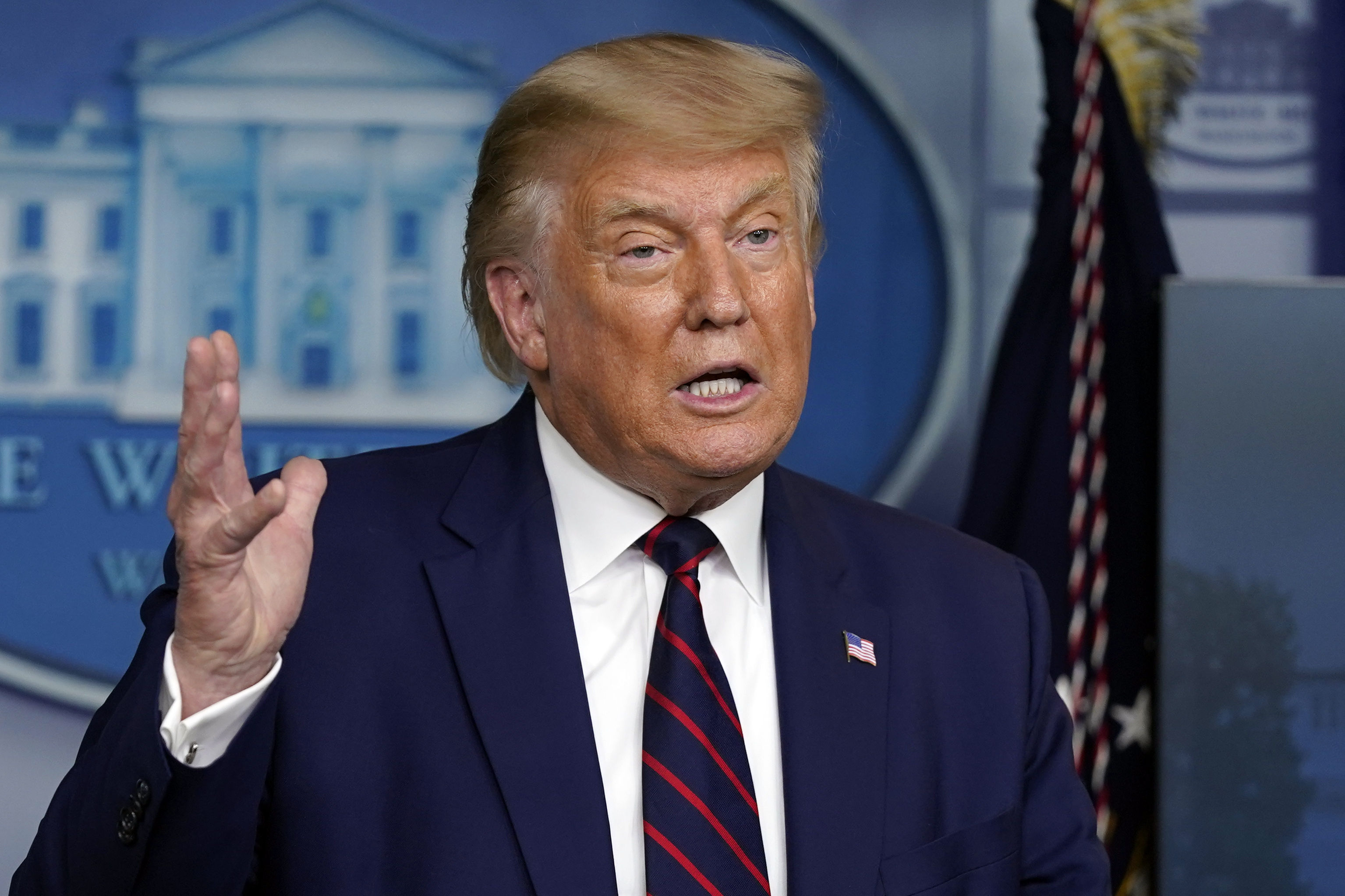 President Donald Trump speaks during a news conference in the James Brady Press Briefing Room at the White House, Friday, Sept. 4, 2020, in Washington. (AP Photo/Evan Vucci) [Sep-04-2020]
