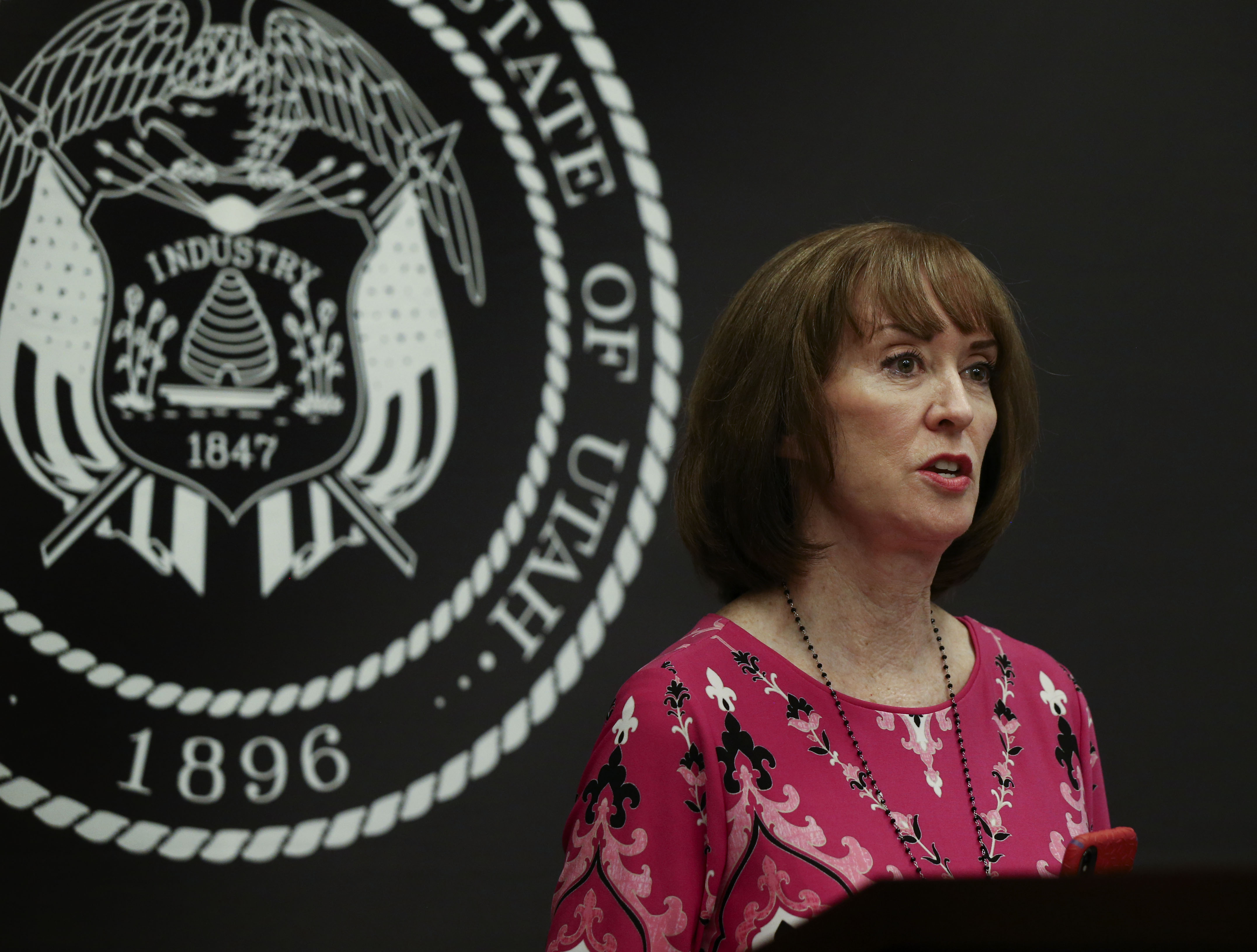 Sydnee Dickson, state superintendent of public instruction, speaks during a COVID-19 briefing at the Capitol in Salt Lake City on Thursday, July 30, 2020.