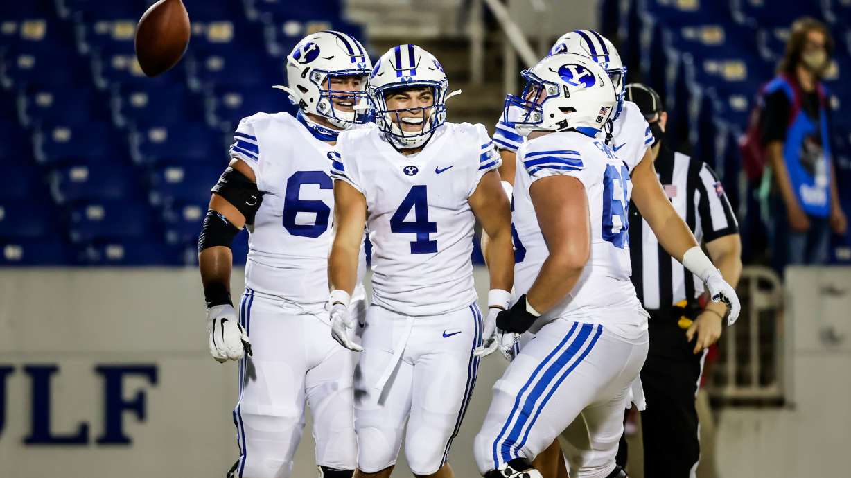 BYU running back Lopini Katoa scores his third touchdown during the first half of the Cougars' game against Navy, Saturday, Sept. 7, 2020 in Annapolis, Maryland.