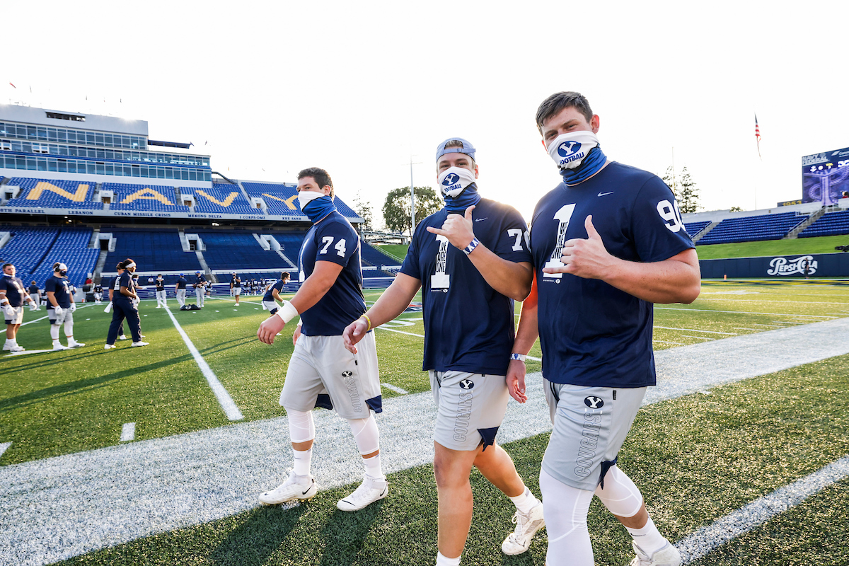 Players during pregame in Annapolis, Maryland for their game against Navy.