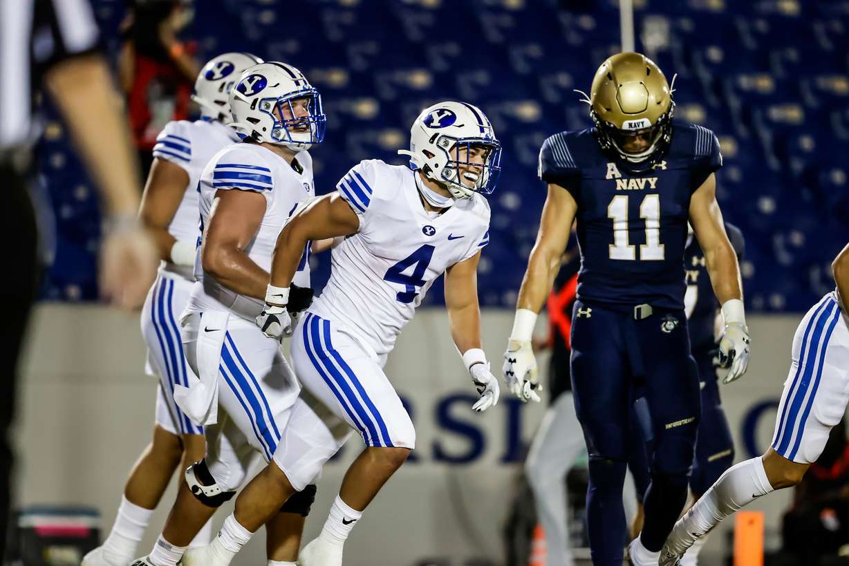 BYU running back Lopini Katoa after catching a pass for a touchdown against Navy in Annapolis, Maryland.