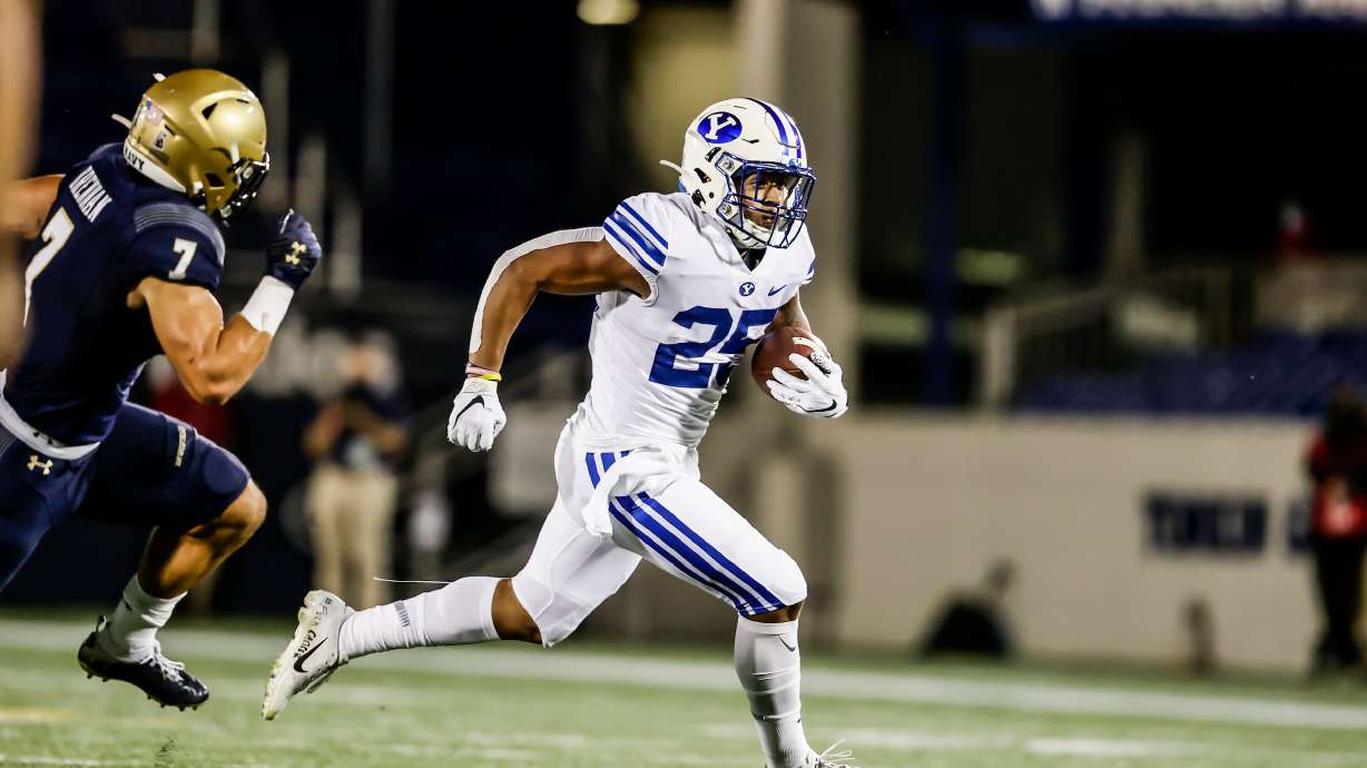 Running back Tyler Allgeier scores the first touchdown of the game against Navy in Annapolis, Maryland.
20FTB at Navy
2020 BYU Football
Photo by Jaren Wilkey/BYU Photo
Copyright BYU Photo 2020
photo@byu.edu
802-422-7322