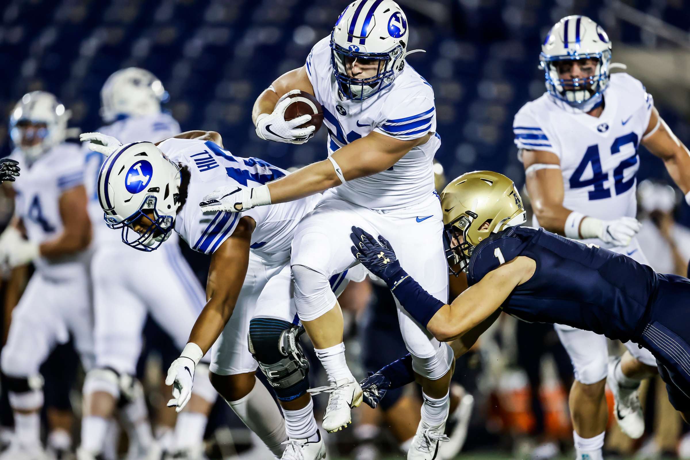 BYU  running back Jackson McChesney runs for a 9-yard touchdown during the second half of the Cougars' NCAA college football game at Navy, Monday, Sept. 7, 2020 in Annapolis, Maryland.