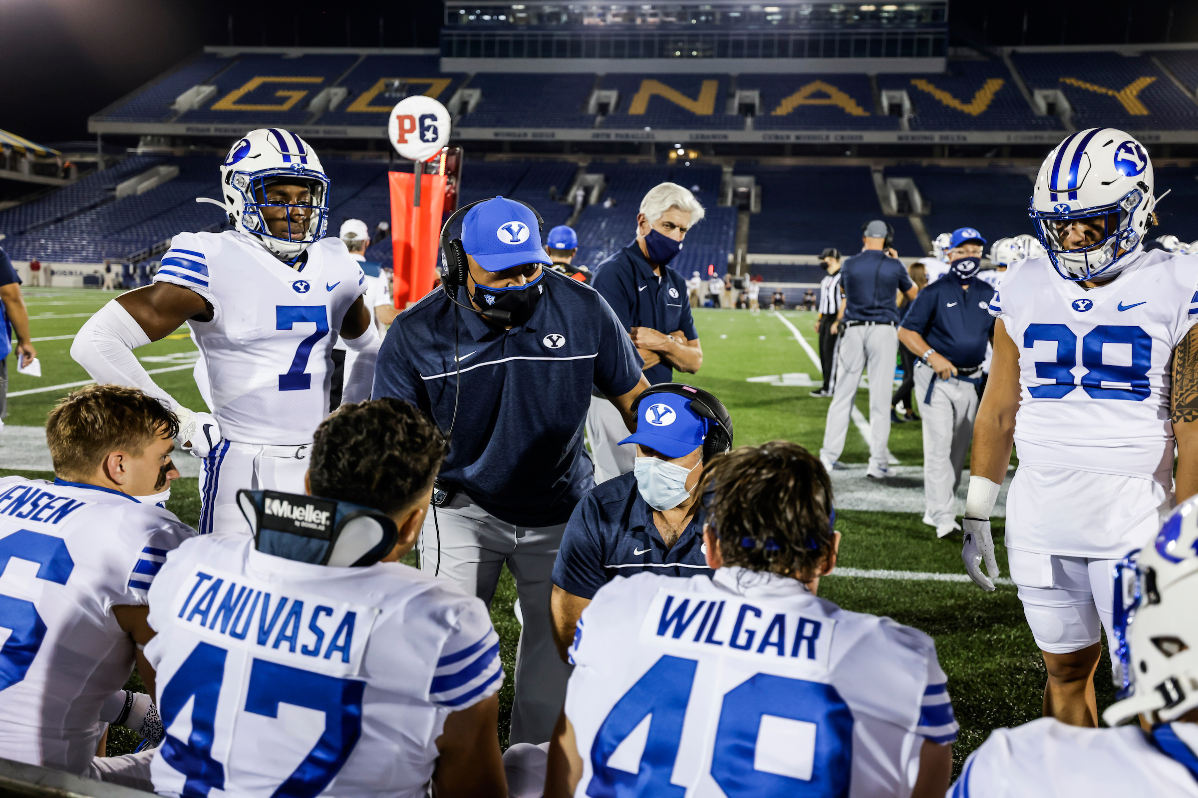 Coach Kalani Sitake talking to the defense on the sideline in Annapolis, Maryland for their game against Navy.
20FTB at Navy
2020 BYU Football
Photo by Jaren Wilkey/BYU Photo
Copyright BYU Photo 2020
photo@byu.edu
802-422-7322
