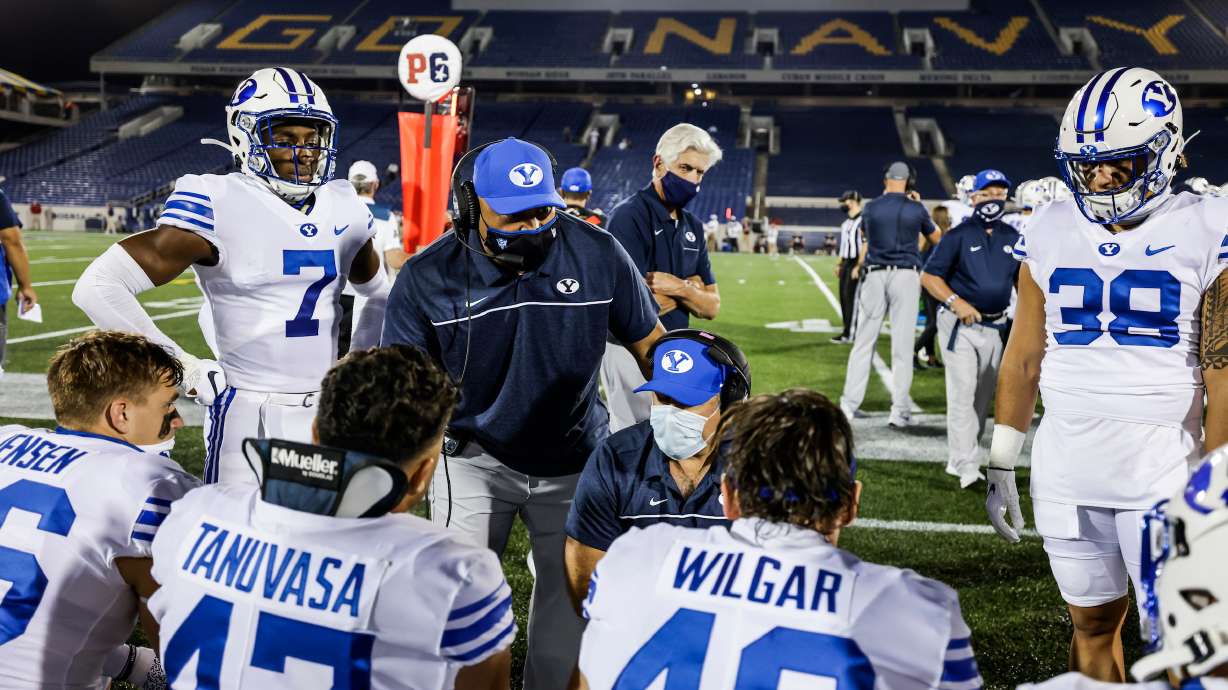 Coach Kalani Sitake talking to the defense on the sideline in Annapolis, Maryland for their game against Navy.
20FTB at Navy
2020 BYU Football
Photo by Jaren Wilkey/BYU Photo
Copyright BYU Photo 2020
photo@byu.edu
802-422-7322