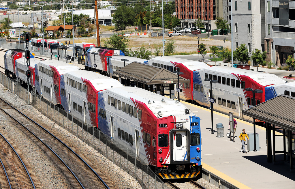 FrontRunner trains move people in Salt Lake City on Tuesday, Sept. 1, 2020.