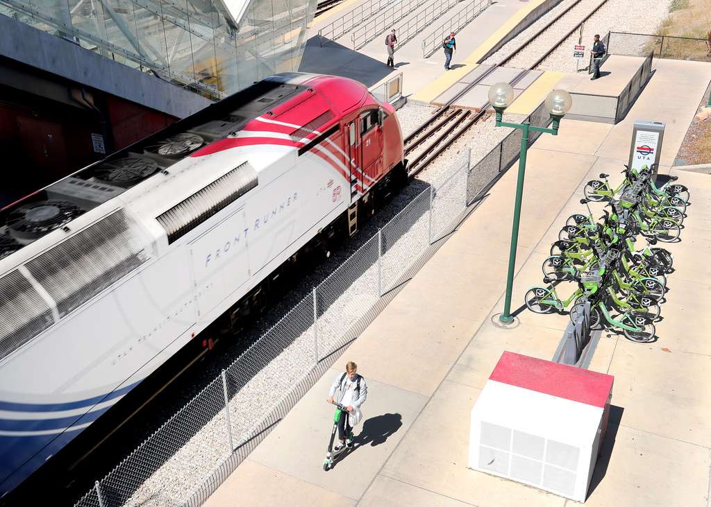 A FrontRunner train moves out of the North Temple station in Salt Lake City on Tuesday, Sept. 1, 2020.