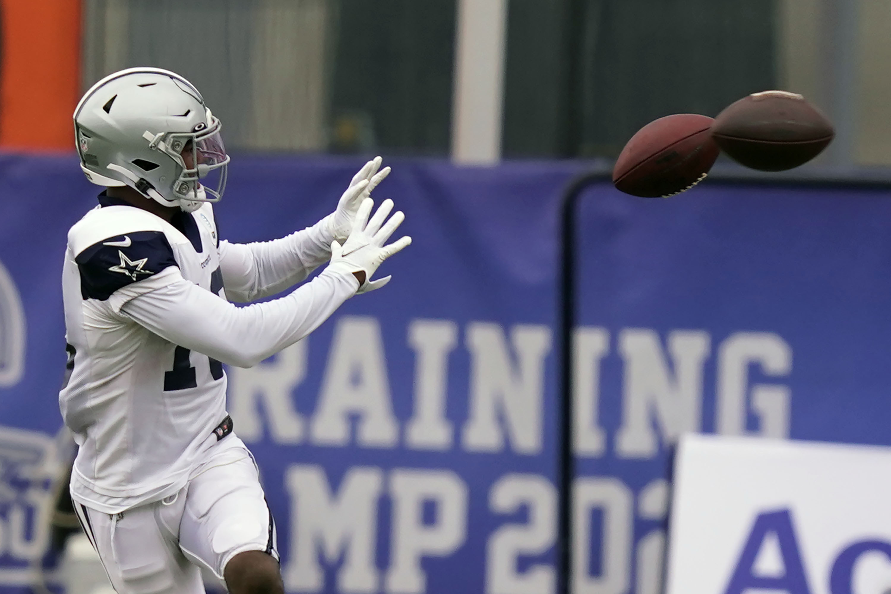 Dallas Cowboys wide receiver Aaron Parker (18) reaches for pass during an NFL training camp football practice in Frisco, Texas, Thursday, Sept. 3, 2020. (AP Photo/LM Otero) [Sep-10-2020]