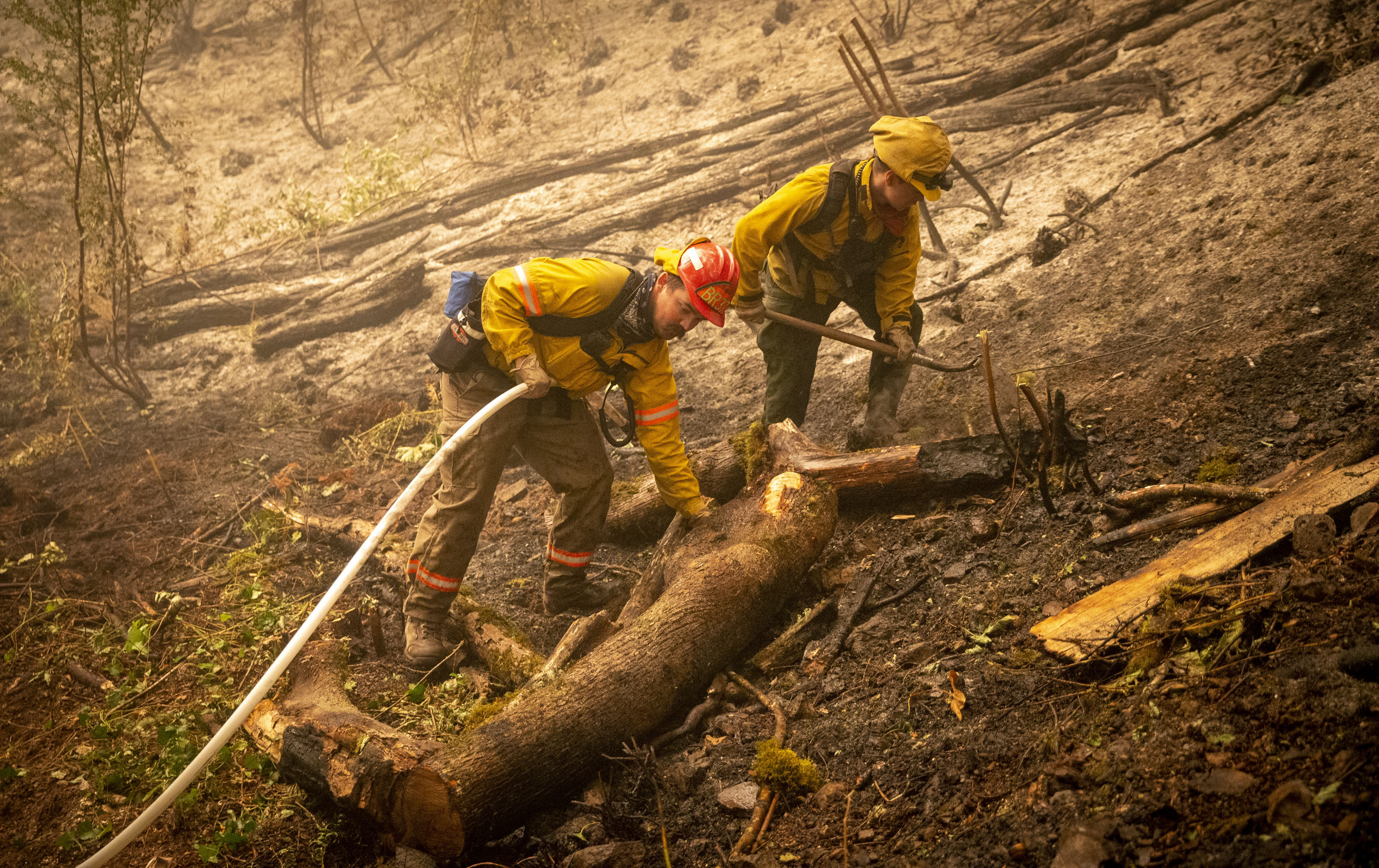Firefighters works on mopping up a back burn near Leaburg, Ore., Thursday, Sept., 10, 2020. A dearth of resources has hampered the fight against the Holiday Farm Fire.