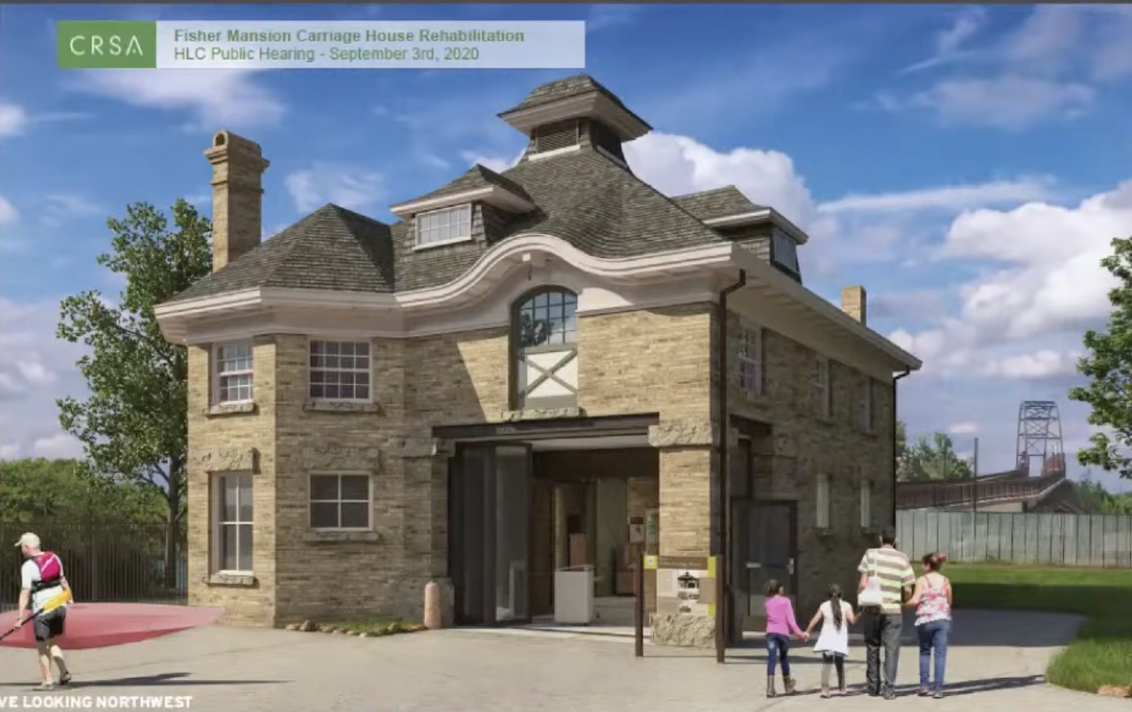 A 2019 rendering of what Fisher Carriage House exterior renovations might look like. In a meeting on Sept. 3, 2020, project leaders said some alterations have been made in the planning but the renderings give an idea of what they envision the Fisher Carriage House to look like in the future.