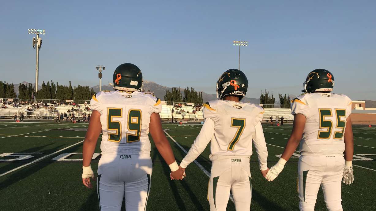 Kearns defensive back Charles Henderson (7) with other leaders before the Cougars' 44-19 win at Riverton, Friday, Sept. 11, 2020.