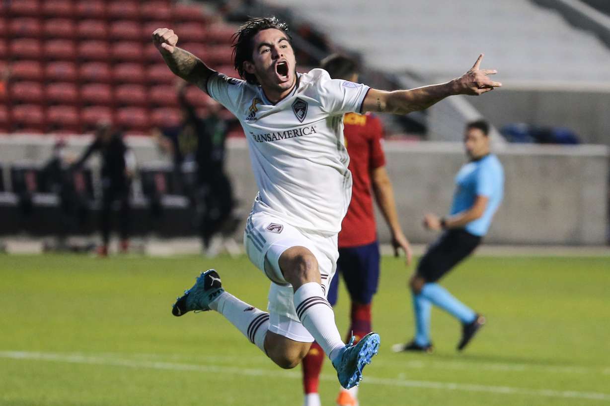 Colorado Rapids midfielder Braian Galvan (52) celebrates after scoring the fourth goal during an MLS soccer game at Rio Tinto Stadium in Sandy on Saturday, Sept. 12, 2020.