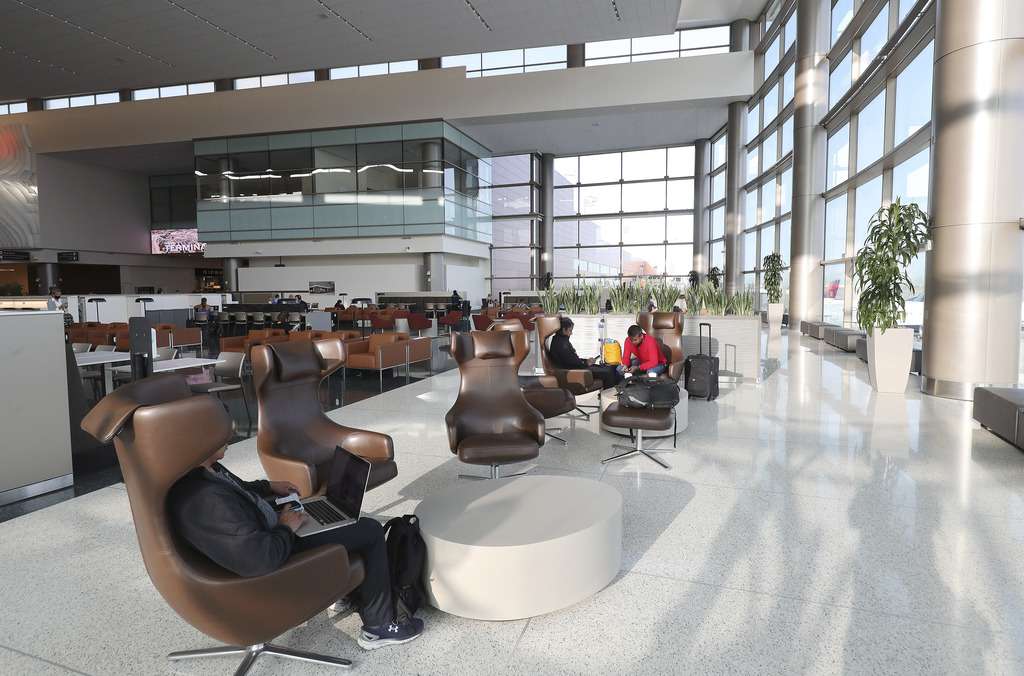 Passengers lounge during the first phase opening of the new Salt Lake City International Airport in Salt Lake City on Tuesday, Sept. 15, 2020.