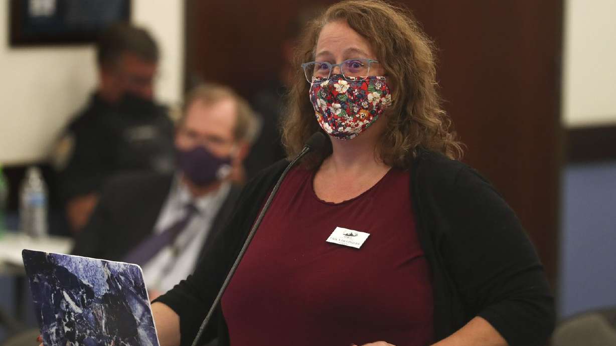 Erika Bradshaw, Canyons Education Association president, talks to members of the Canyons School District Board of Education during the public comment portion of their meeting at the Canyons School District offices in Sandy on Tuesday, Sept. 15, 2020.