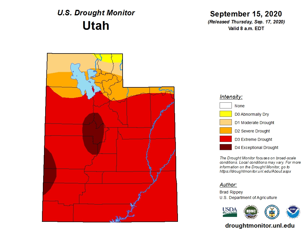 This map, created by the U.S. Drought Monitor, shows drought conditions as of Tuesday, Sept. 15, 2020. It lists more than 80% of the state as in a "severe drought."