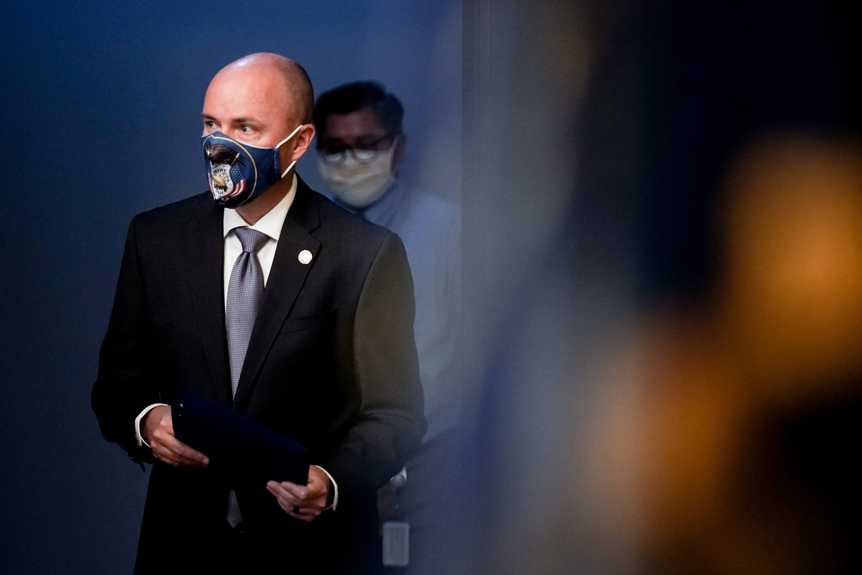 Lt. Gov. Spencer Cox arrives for a briefing in Spanish about the stateâ??s COVID-19 response at the Capitol in Salt Lake City on Thursday, Aug. 27, 2020.