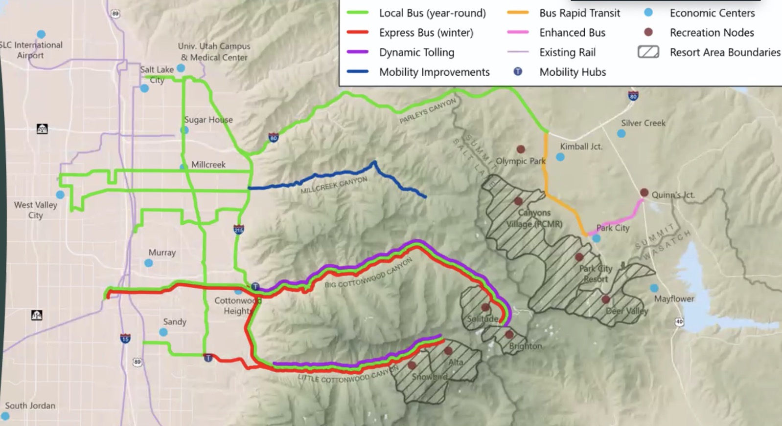 A map of extended bus routes from the first alternative proposed by the Central Wasatch Commission. Other alternatives add either a gondola or a train at Little Cottonwood Canyon in addition to bus expansion.