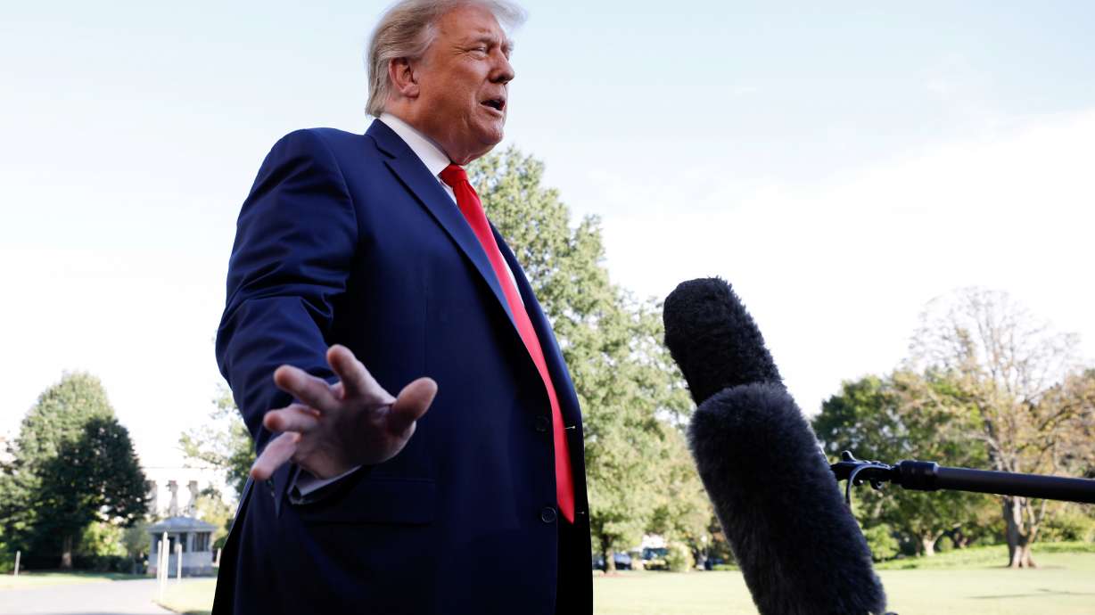 U.S. President Donald Trump speaks to the media on the South Lawn of the White House in Washington, before his departure on campaign travel to Fayetteville, North Carolina, U.S., Sept. 19, 2020.