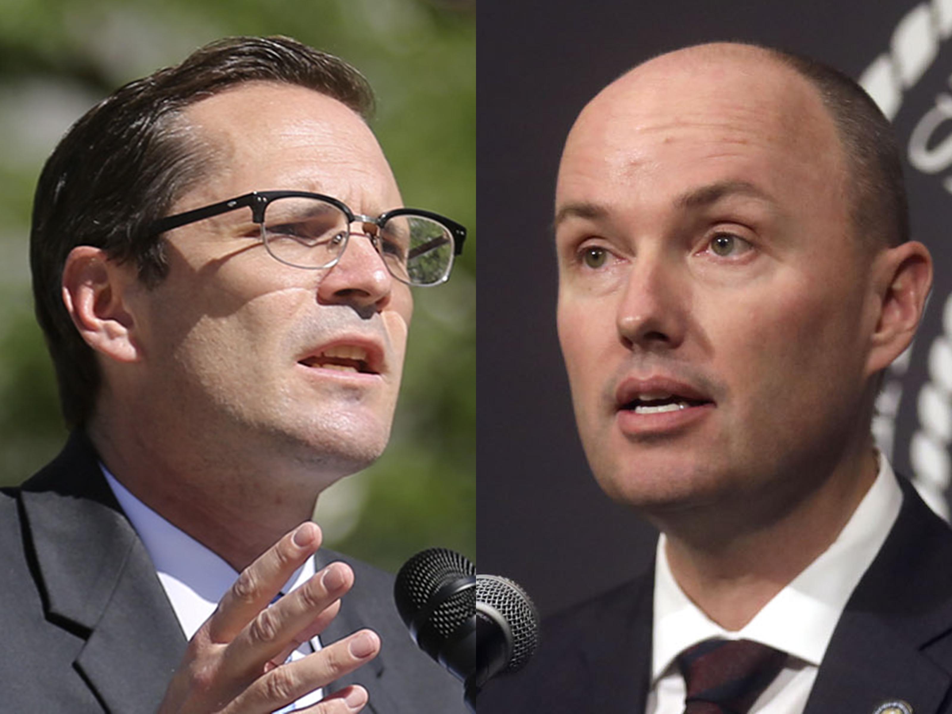 Democrat Chris Peterson and Lt. Gov. Spencer Cox, pictured in these 2020 file photos, are running for Utah governor.