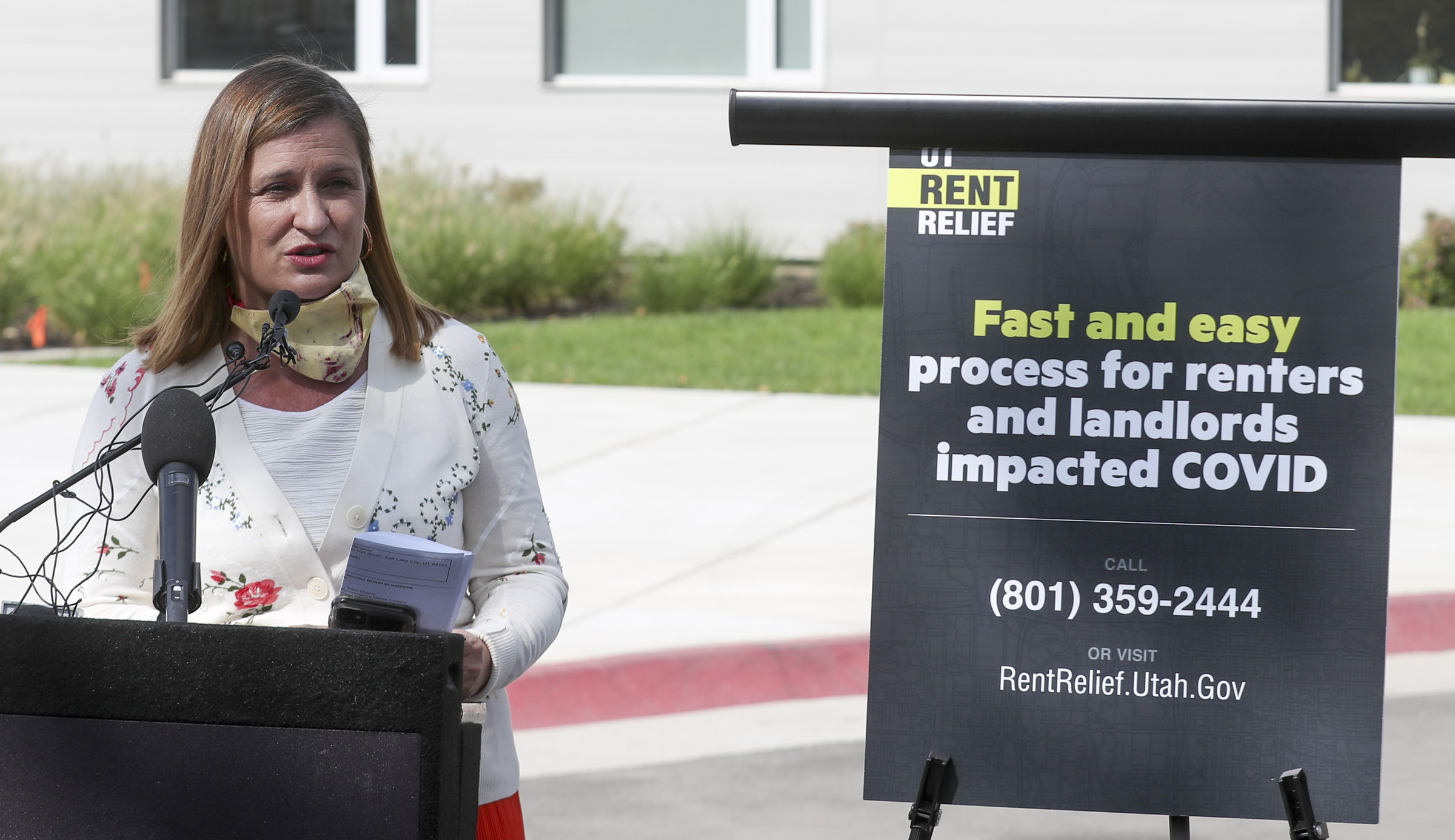 Salt Lake County Mayor Jenny Wilson talks about rent relief programs for individuals and families whose income was impacted by the COVID-19 pandemic during a press conference at the Neighborhood House in Salt Lake City on Wednesday, Sept. 23, 2020. Wilson was joined by Salt Lake City Mayor Erin Mendenhall to update information for city and county residents about rent relief programs and the Centers for Disease Control and Prevention's eviction moratorium.