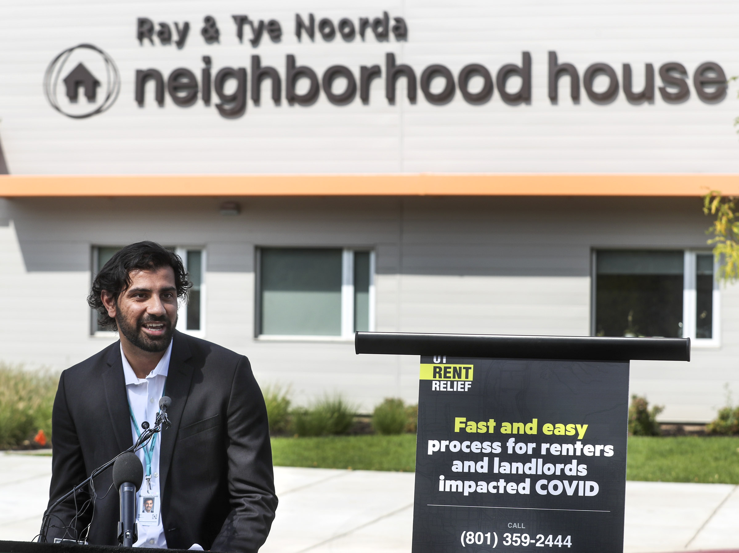 Sahil Oberoi, director of housing and case management for Utah Community Action, talks about rent relief programs for individuals and families whose income was impacted by the COVID-19 pandemic during a press conference at the Neighborhood House in Salt Lake City on Wednesday, Sept. 23, 2020. Salt Lake City Mayor Erin Mendenhall and Salt Lake County Mayor Jenny Wilson held the joint press conference to update information for city and county residents about rent relief programs and the Centers for Disease Control and Prevention’s eviction moratorium.