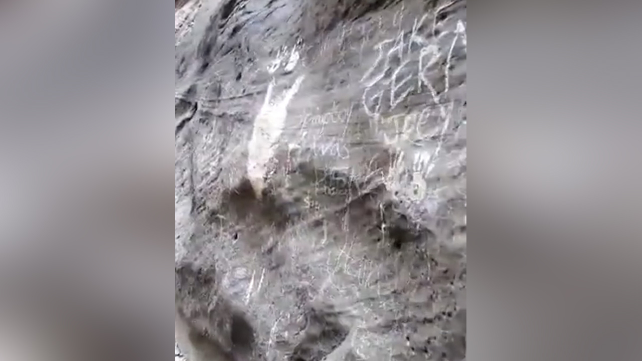 Screenshot from video by Facebook user and Southern Utah resident Sunny Bodeen showing the extent of the graffiti in The Narrows portion of Zion National Park, Utah, Sept. 19, 2020 | 