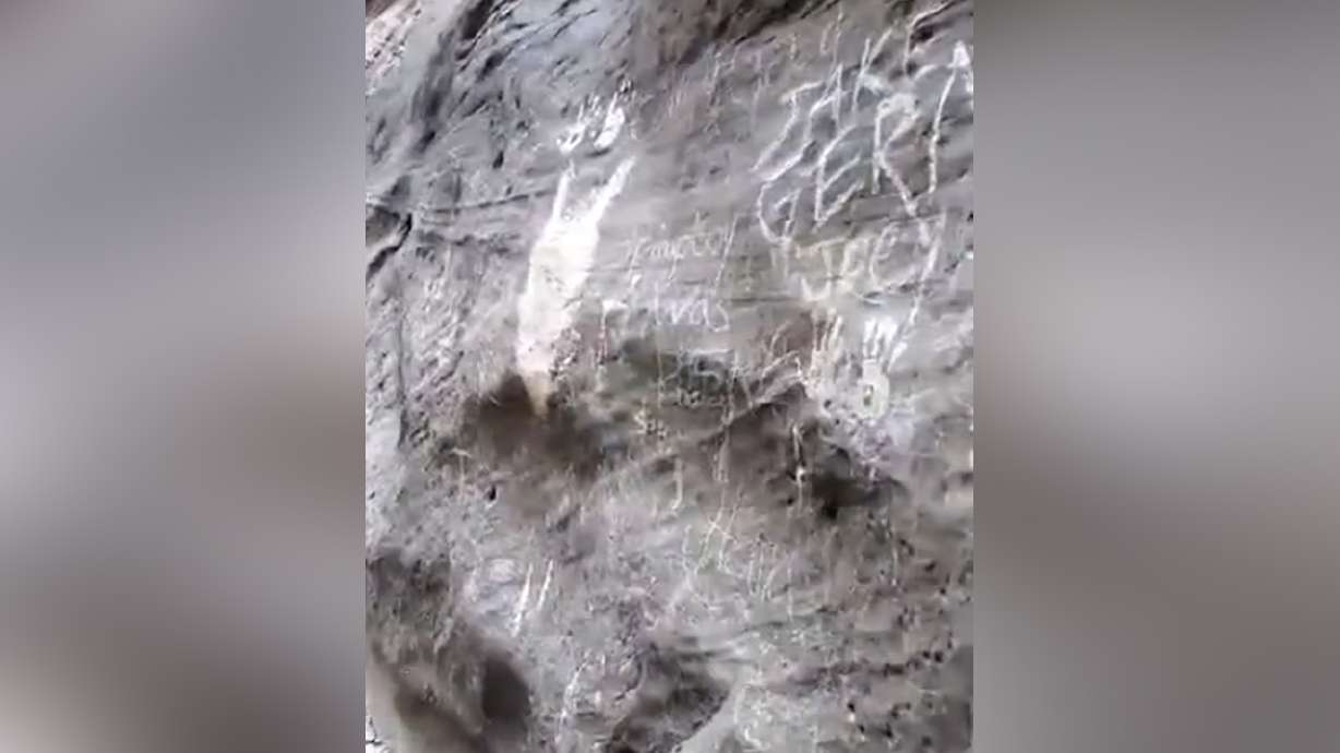 Screenshot from video by Facebook user and Southern Utah resident Sunny Bodeen showing the extent of the graffiti in The Narrows portion of Zion National Park, Utah, Sept. 19, 2020 |