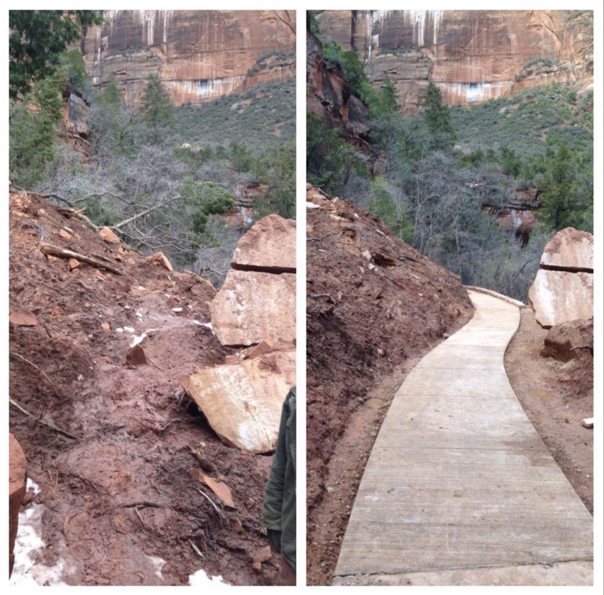 This image shows the Middle Emerald Pools Trail before and after a trail restoration project. The trail reopened on Thursday, Sept. 24, 2020, for the first time since it had closed in 2010.