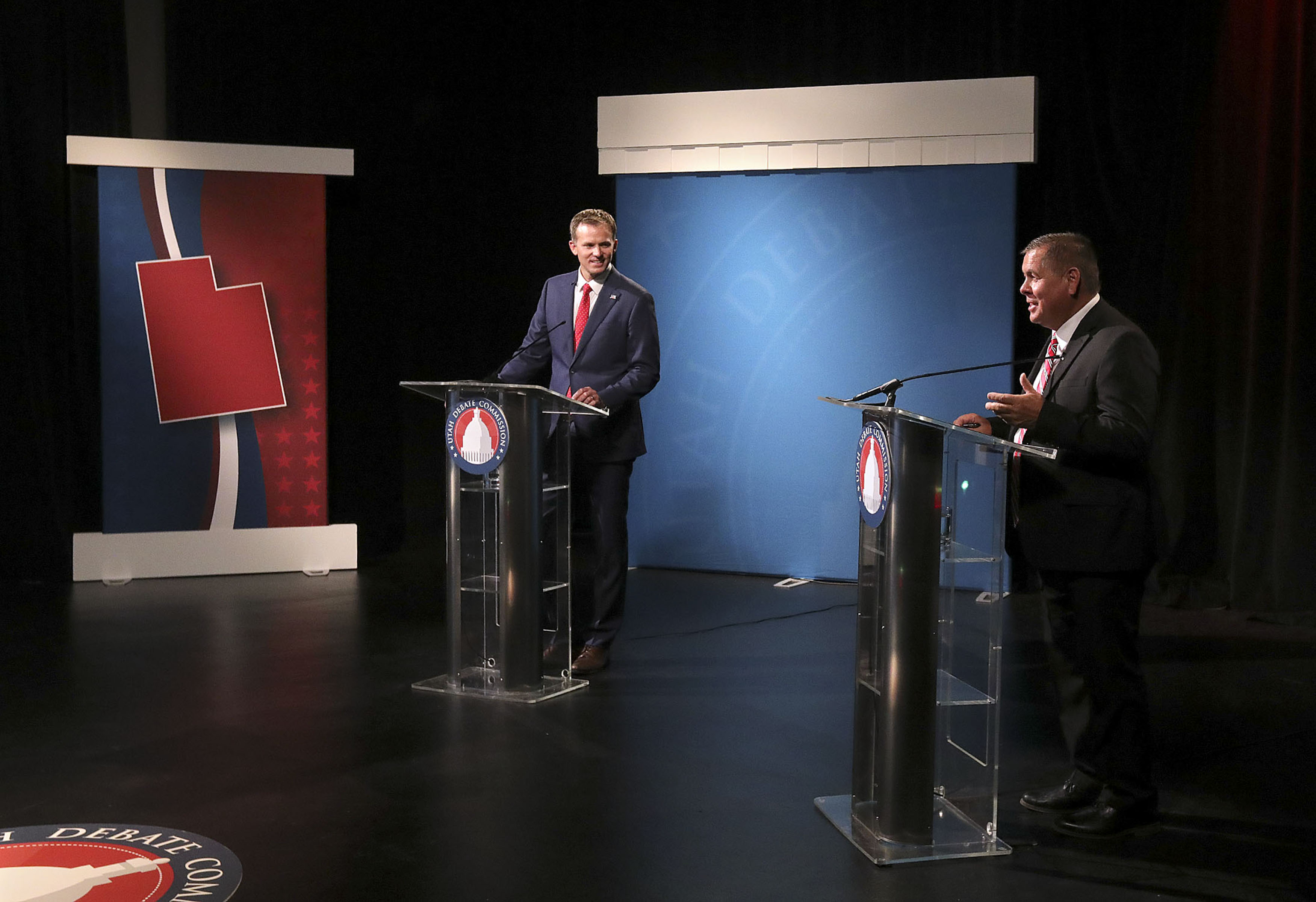 Republican Blake Moore and Democrat Darren Parry, candidates for the 1st Congressional District seat, participate in a debate at the Triad Center on Thursday, Sept. 24, 2020.